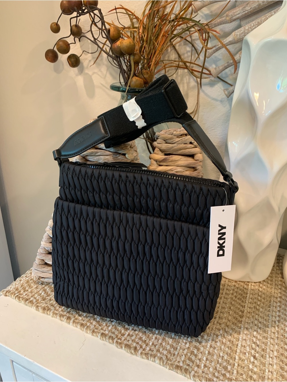 NWT DKNY Black Quilted-Texture Crossbody Bag